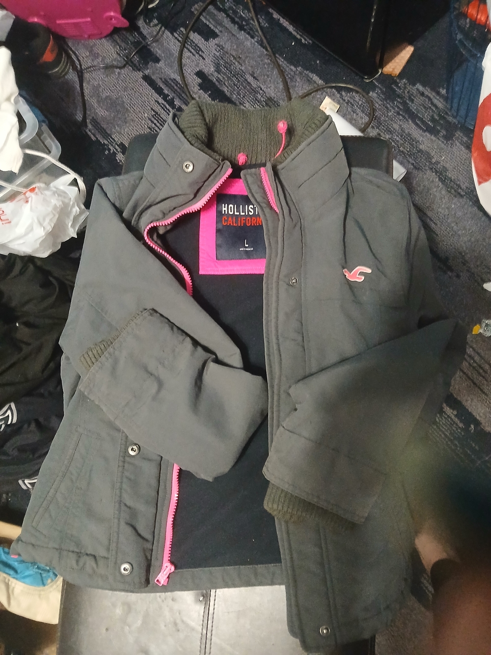 Hollister Olive Green Utility Jacket with Pink Trim